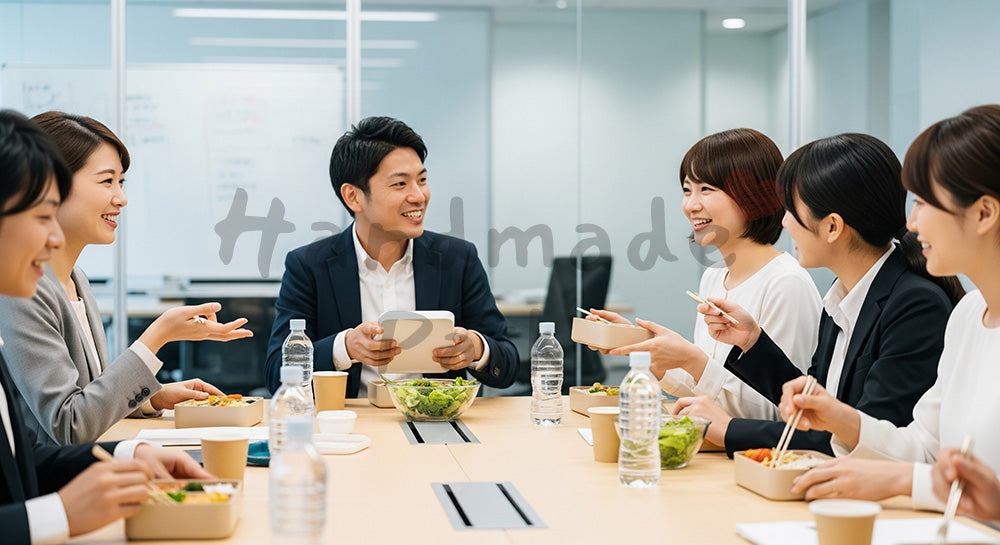 フリー素材 無料 写真|会議室テーブルでランチボックスを囲む日本人ビジネスパーソンたち 余白あり