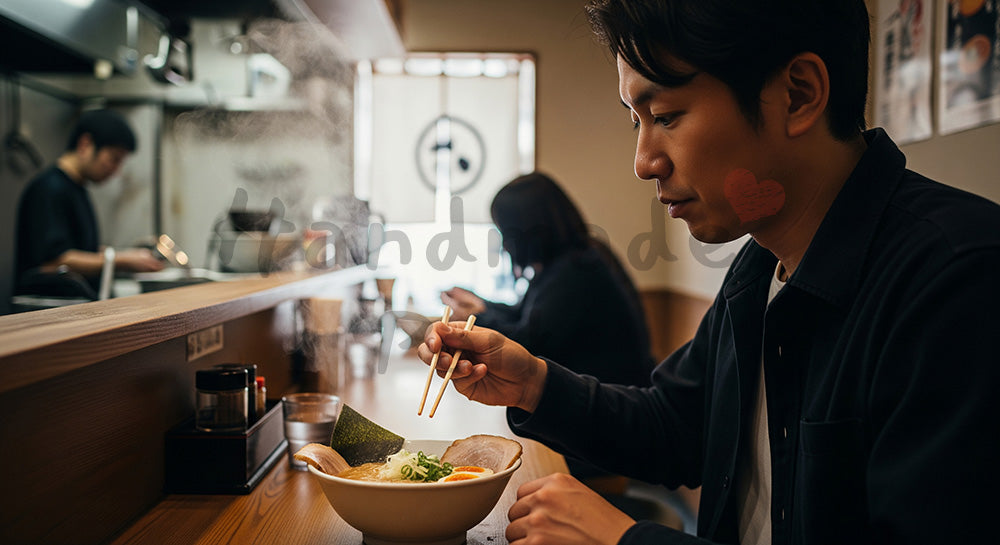 フリー素材 無料 写真|カウンターでラーメンどんぶりにトッピングを載せる日本人男性の手元シーン 余白あり