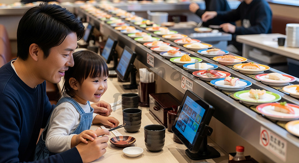 フリー素材 無料 写真|回転寿司レーンを見ながら皿を選ぶ日本人親子の外食シーン 写真背景