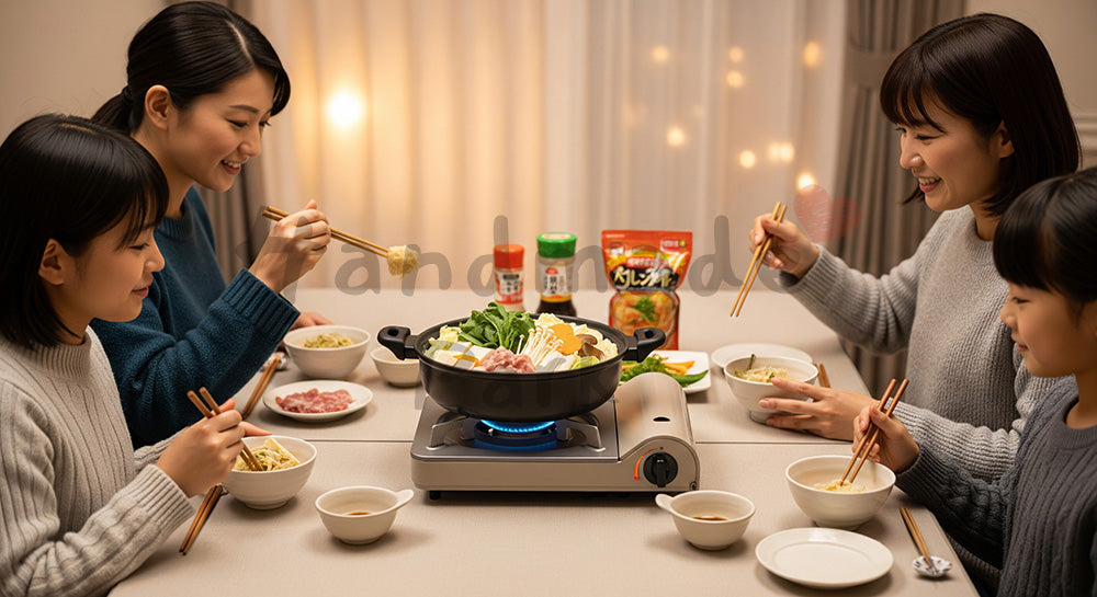 フリー素材 無料 写真|卓上鍋を囲んで家族団らんする日本人家庭の冬の夕食シーン 背景素材