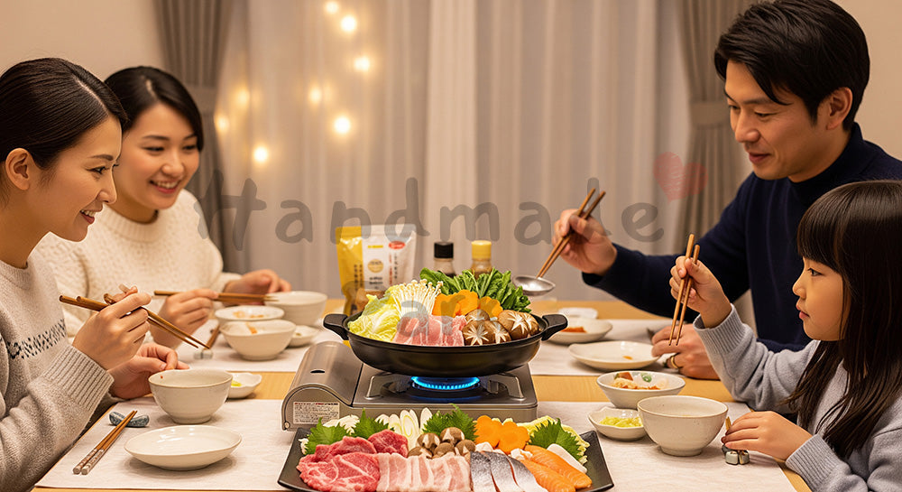 フリー素材 無料 写真|卓上鍋を囲んで家族団らんする日本人家庭の冬の夕食シーン