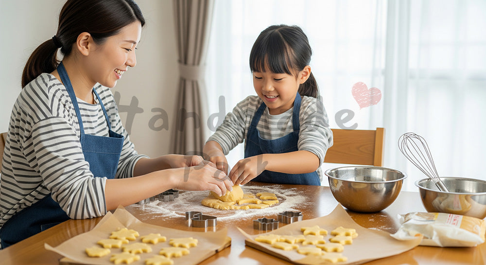フリー素材 無料 写真|ダイニングテーブルで親子クッキー作りを楽しむ日本人母子