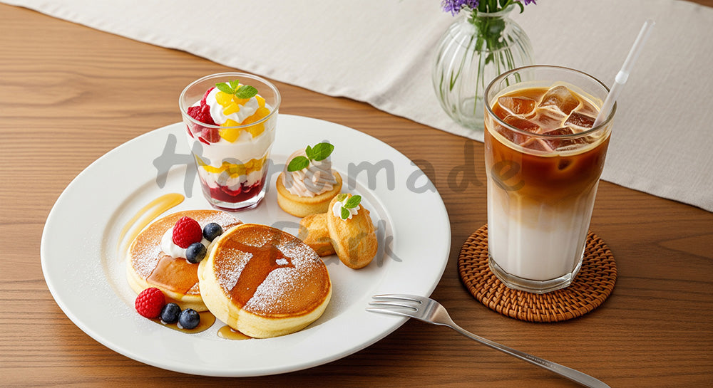 フリー素材 無料 写真|木目テーブルに並ぶカフェスイーツとアイスカフェラテの俯瞰イメージ 写真背景