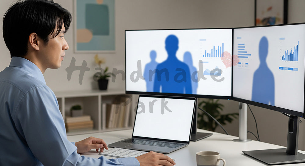 フリー素材 無料 写真|自宅ワークスペースでデュアルモニターを使いオンライン会議に参加する日本人男性 背景素材