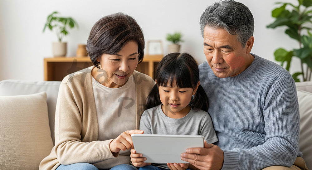 フリー素材 無料 写真|タブレット端末を囲んで家族写真を見る日本人祖父母と孫のリビングシーン 余白あり