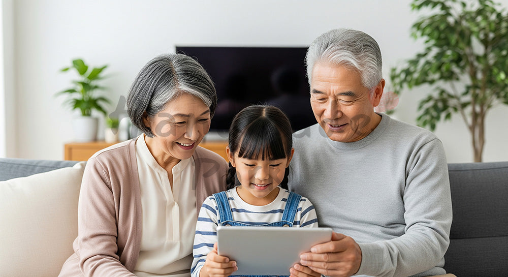 フリー素材 無料 写真|タブレット端末を囲んで家族写真を見る日本人祖父母と孫のリビングシーン 背景素材