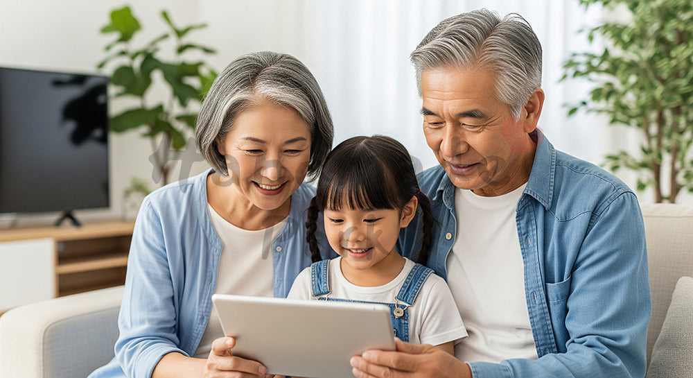 フリー素材 無料 写真|タブレット端末を囲んで家族写真を見る日本人祖父母と孫のリビングシーン