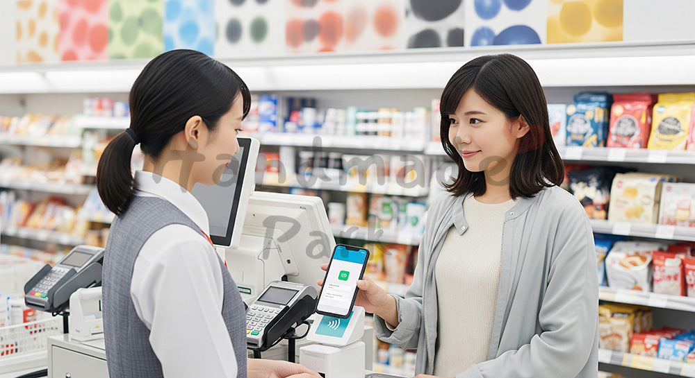 フリー素材 無料 写真|コンビニレジでスマホの非接触決済を使う日本人女性のキャッシュレス支払いシーン 背景素材