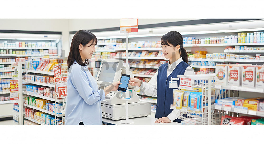 フリー素材 無料 写真|コンビニレジでスマホの非接触決済を使う日本人女性のキャッシュレス支払いシーン