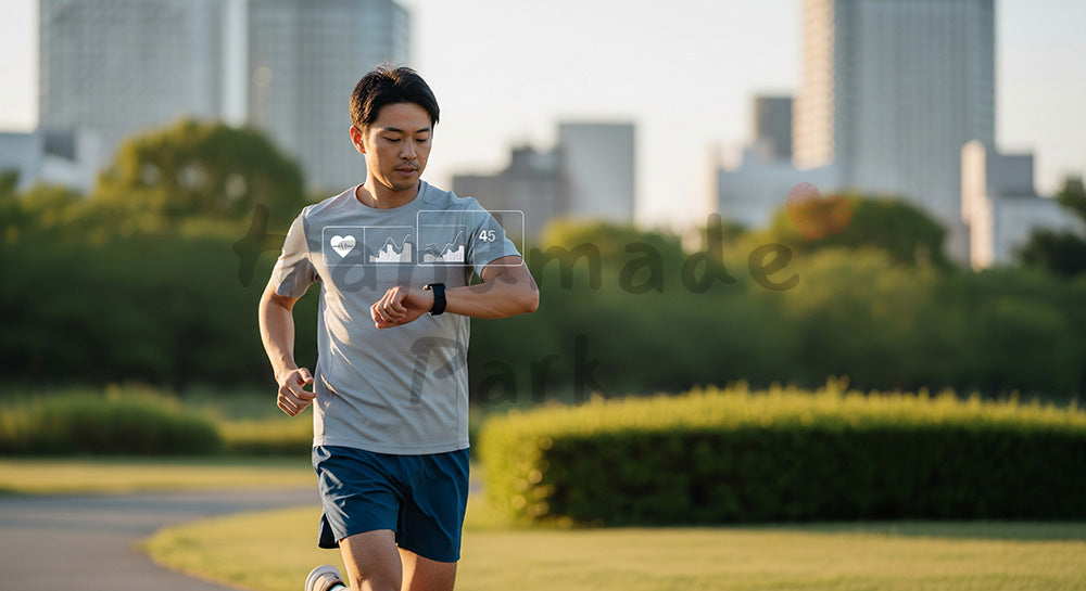 フリー素材 無料 写真|スマートウォッチで心拍を確認しながら朝ランニングをする日本人男性 余白あり