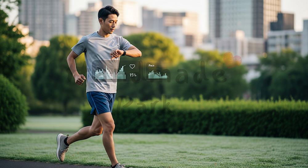 フリー素材 無料 写真|スマートウォッチで心拍を確認しながら朝ランニングをする日本人男性 背景素材