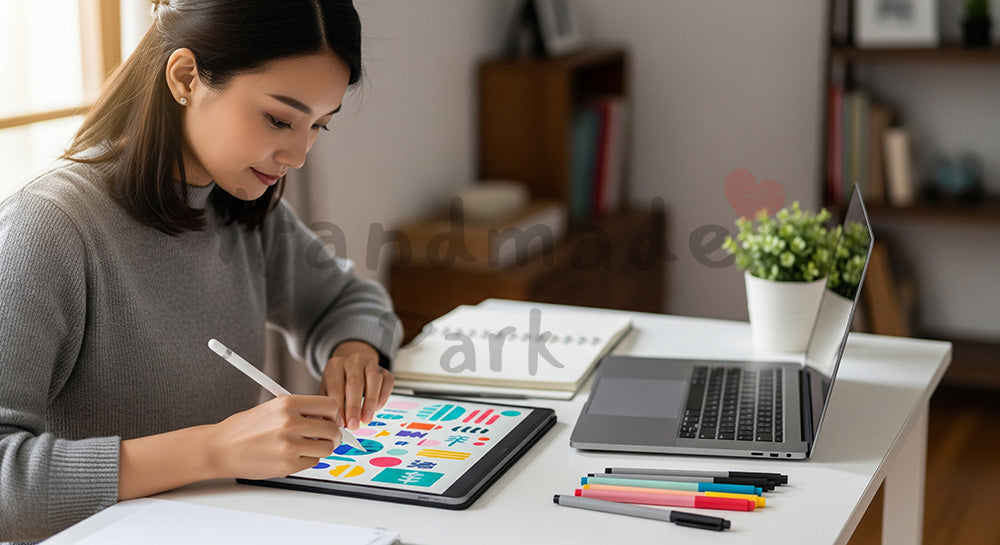 フリー素材 無料 写真|ペンタブレットでイラスト制作を行う日本人女性クリエイターの自宅デスクシーン 写真背景