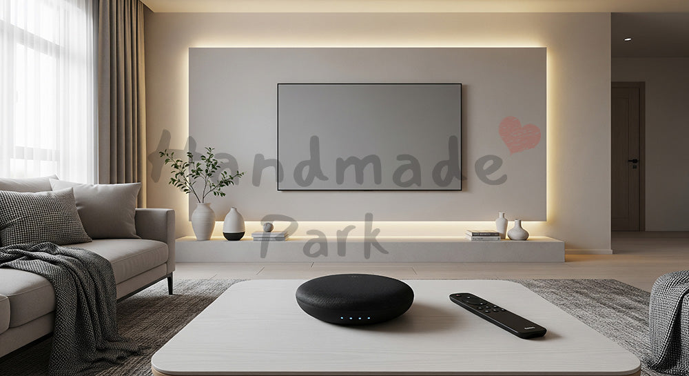 フリー素材 無料 写真|スマートスピーカーとIoT家電が配置された現代的なリビングインテリア 写真背景