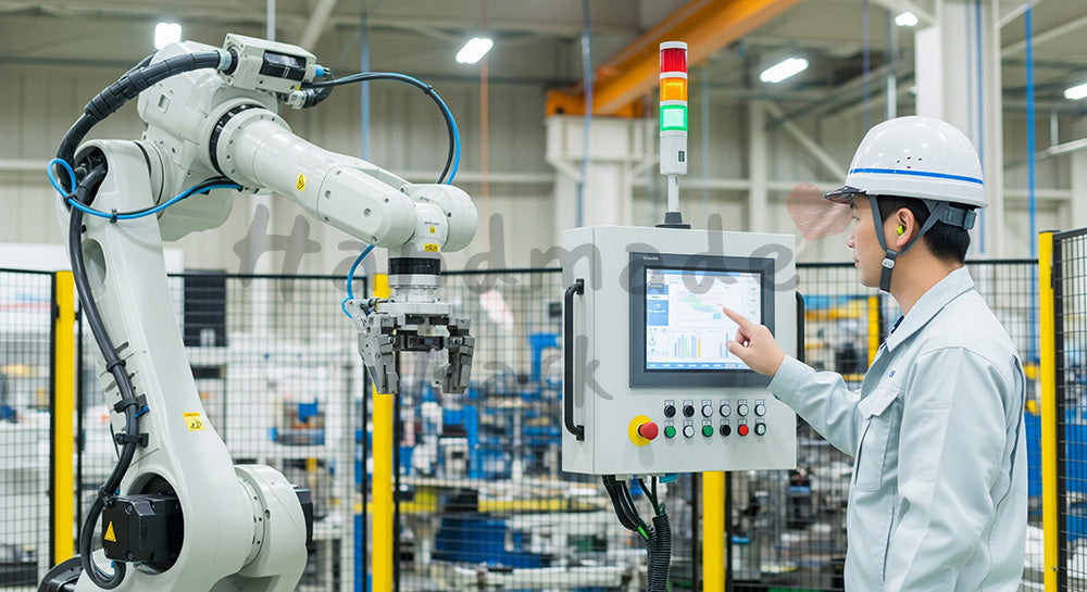 フリー素材 無料 写真|産業用ロボットアームの操作パネルを確認する日本人エンジニアの工場シーン 背景素材