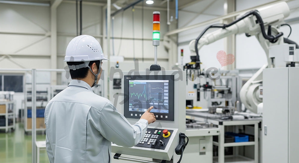 フリー素材 無料 写真|産業用ロボットアームの操作パネルを確認する日本人エンジニアの工場シーン