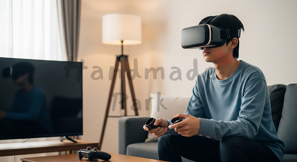 フリー素材 無料 写真|自宅リビングでVRヘッドセットを使いゲームを楽しむ日本人ティーン 余白あり