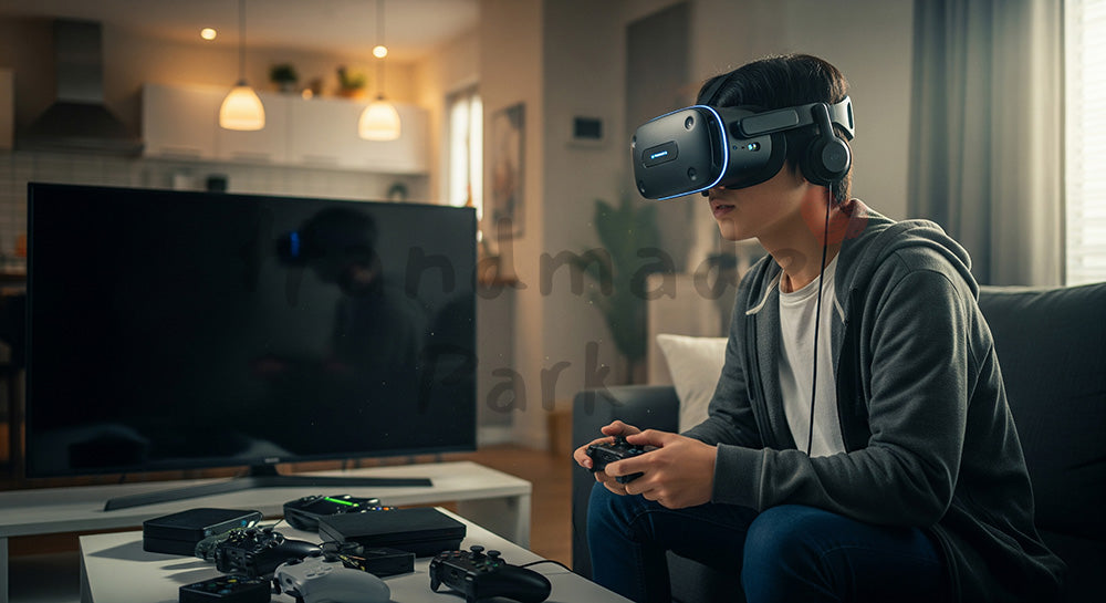 フリー素材 無料 写真|自宅リビングでVRヘッドセットを使いゲームを楽しむ日本人ティーン 写真背景