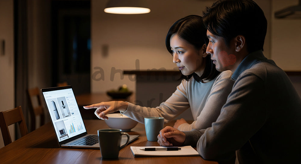 フリー素材 無料 写真|ノートPCで家電のオンライン比較をする日本人夫婦の夜のダイニングシーン 写真背景