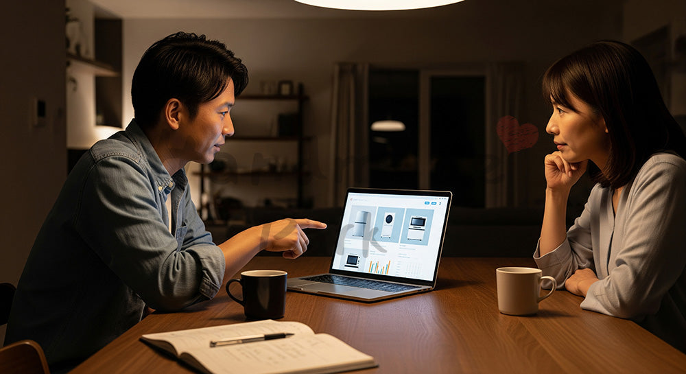 フリー素材 無料 写真|ノートPCで家電のオンライン比較をする日本人夫婦の夜のダイニングシーン 背景素材