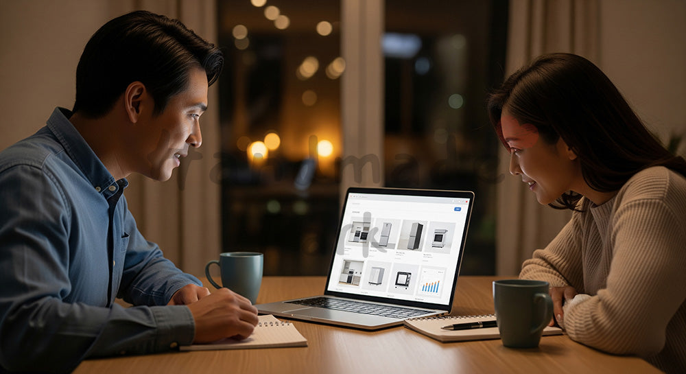 フリー素材 無料 写真|ノートPCで家電のオンライン比較をする日本人夫婦の夜のダイニングシーン