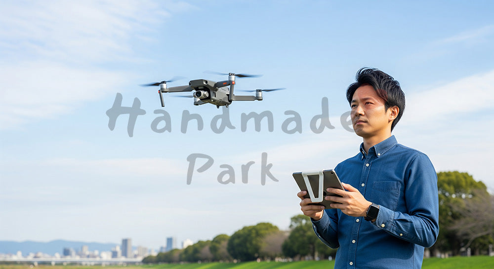 フリー素材 無料 写真|タブレット型コントローラーで小型ドローンを操作する日本人男性の屋外シーン コピースペースあり