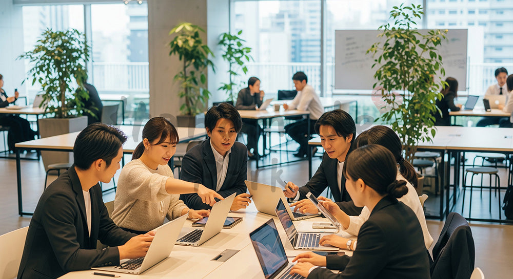 フリー素材 無料 写真|コワーキングスペースでノートPCを使い打ち合わせをする日本人若手ビジネスパーソン 余白あり