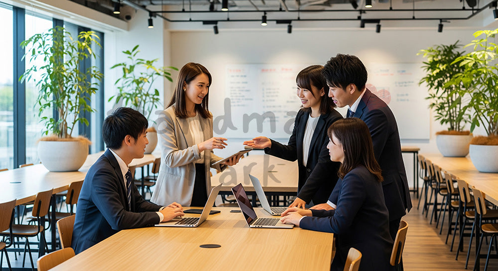 フリー素材 無料 写真|コワーキングスペースでノートPCを使い打ち合わせをする日本人若手ビジネスパーソン 背景素材