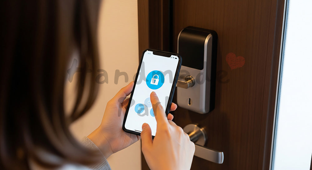 フリー素材 無料 写真|スマホアプリでスマートロックを解錠する日本人女性の玄関シーン 余白あり