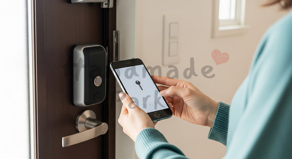 フリー素材 無料 写真|スマホアプリでスマートロックを解錠する日本人女性の玄関シーン