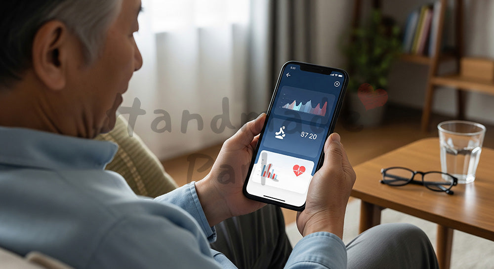 フリー素材 無料 写真|健康管理アプリ風の画面をスマホで確認する日本人シニア男性 余白あり