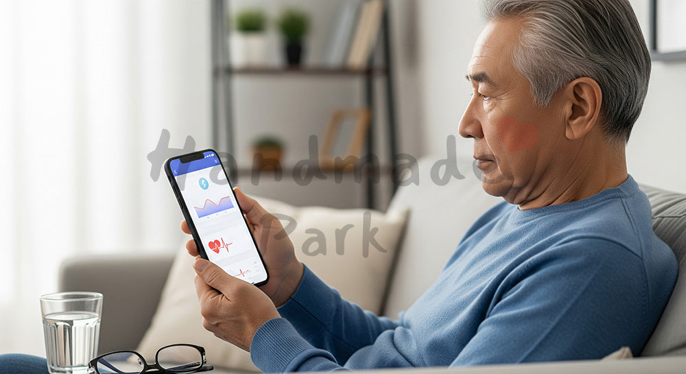 フリー素材 無料 写真|健康管理アプリ風の画面をスマホで確認する日本人シニア男性 背景素材