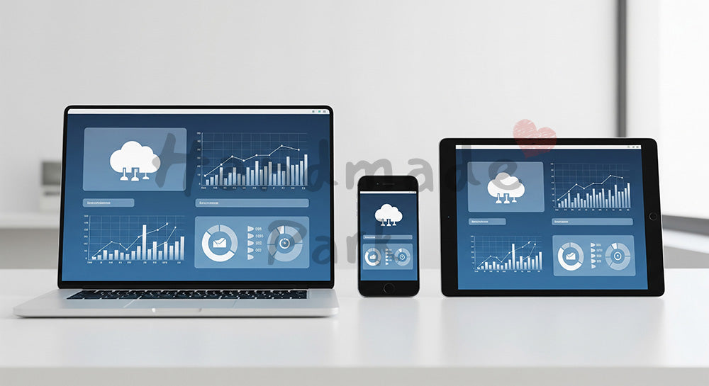 フリー素材 無料 写真|PC・スマホ・タブレットにクラウドサービス風画面が表示されたマルチデバイス構成 余白あり