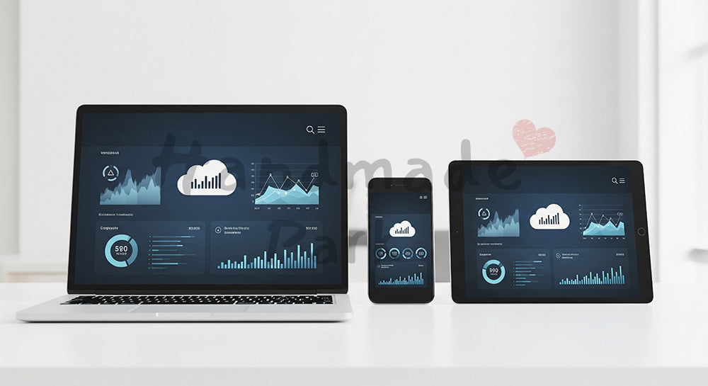フリー素材 無料 写真|PC・スマホ・タブレットにクラウドサービス風画面が表示されたマルチデバイス構成