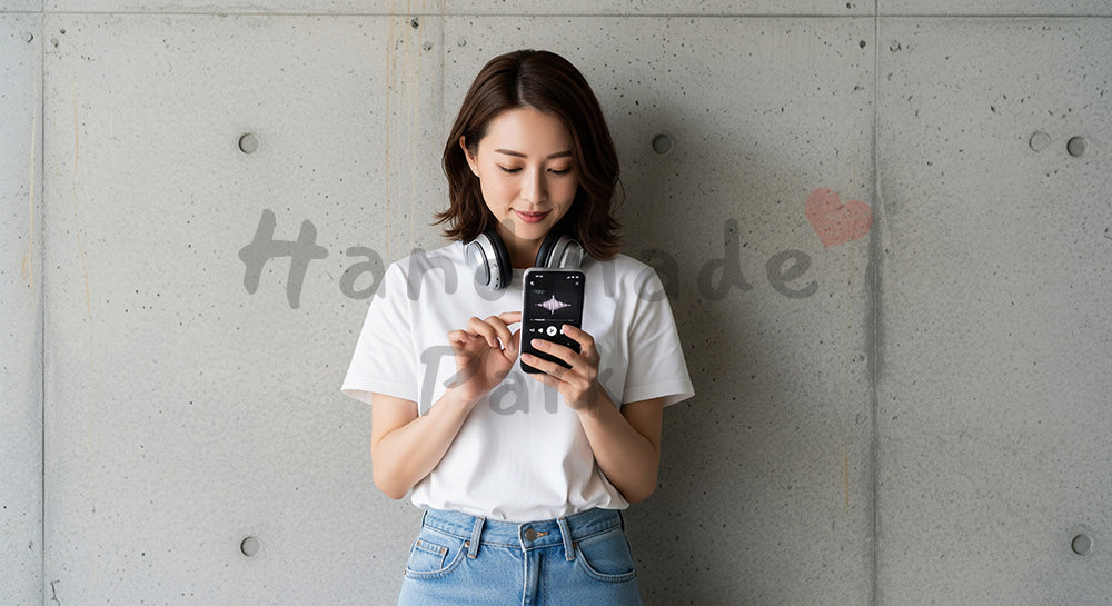 フリー素材 無料 写真|ワイヤレスヘッドホンとスマホで音楽を楽しむ日本人女性のライフスタイルシーン 背景素材