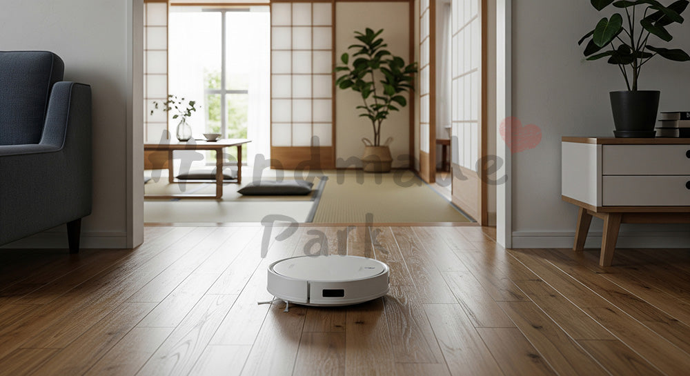 フリー素材 無料 写真|日本の住宅内でフローリングを自動走行するロボット掃除機の無人シーン 余白あり