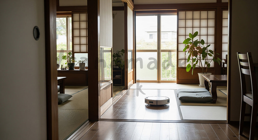 フリー素材 無料 写真|日本の住宅内でフローリングを自動走行するロボット掃除機の無人シーン 写真背景