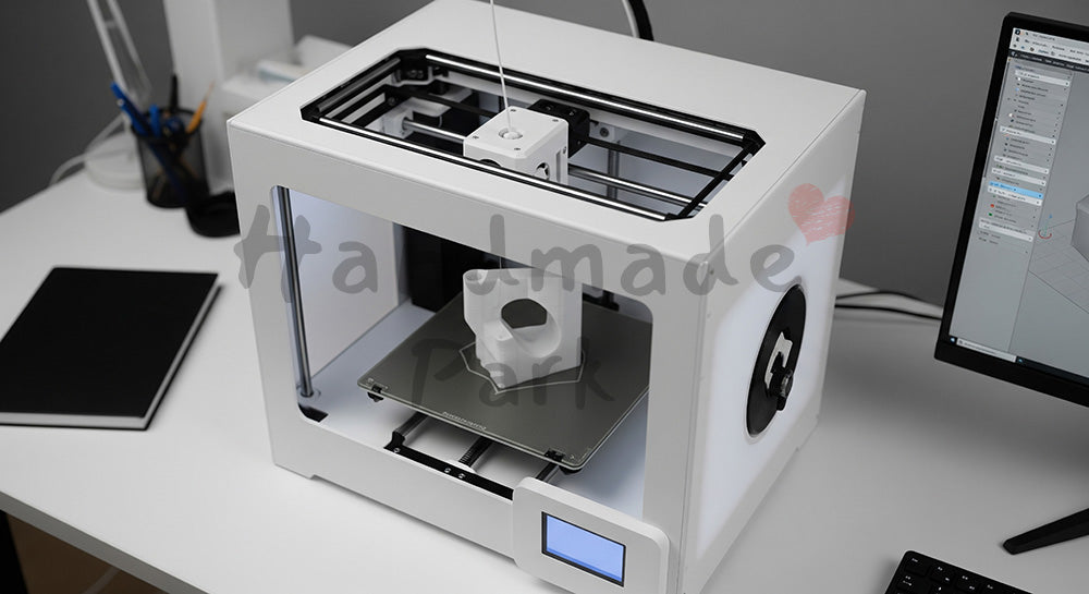 フリー素材 無料 写真|小型3Dプリンターが抽象的な立体サンプルを出力しているワークスペースシーン 背景素材