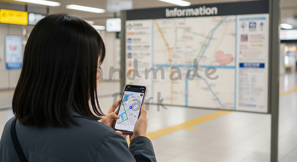 フリー素材 無料 写真|駅構内でスマホの地図アプリ風画面を確認する日本人女性の後ろ姿 余白あり