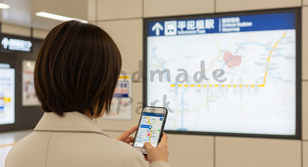 フリー素材 無料 写真|駅構内でスマホの地図アプリ風画面を確認する日本人女性の後ろ姿 写真背景