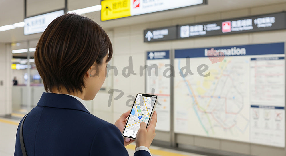フリー素材 無料 写真|駅構内でスマホの地図アプリ風画面を確認する日本人女性の後ろ姿