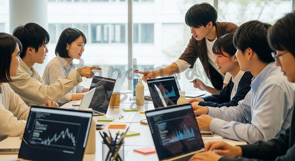 フリー素材 無料 写真|ノートPCを並べてハッカソン風のグループ開発を行う日本人学生たち 余白あり