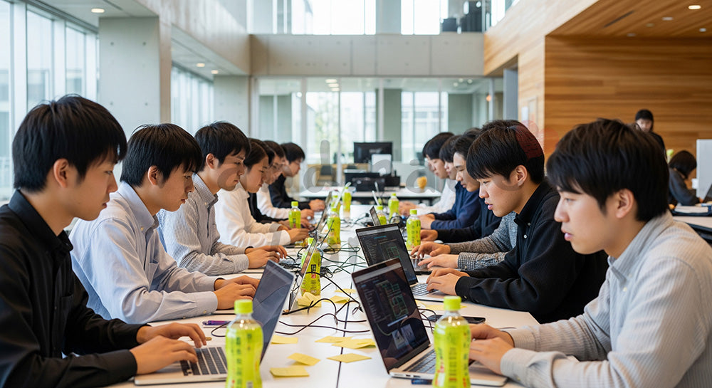 フリー素材 無料 写真|ノートPCを並べてハッカソン風のグループ開発を行う日本人学生たち 写真背景