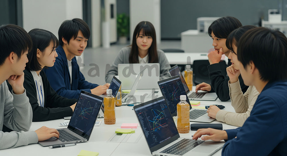フリー素材 無料 写真|ノートPCを並べてハッカソン風のグループ開発を行う日本人学生たち 背景素材