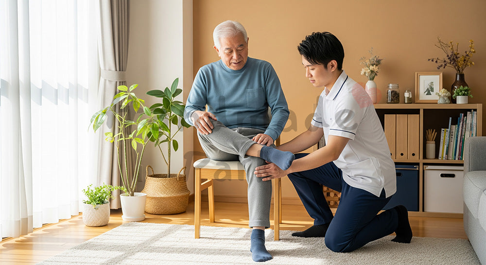 フリー素材 無料 写真|自宅リビングで理学療法士風スタッフと足のストレッチを行う日本人シニア男性 写真背景