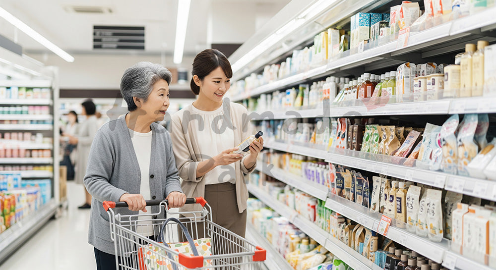 フリー素材 無料 写真|シルバーカートを押して買い物をする日本人シニア女性とサポートする若年女性 写真背景