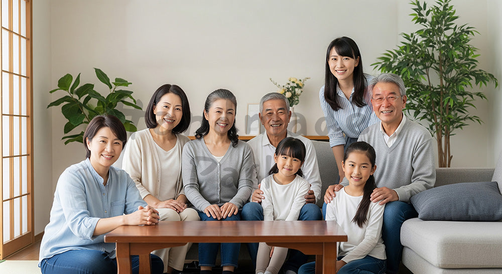 フリー素材 無料 写真|三世代家族がリビングで集まり笑顔で過ごす日本人シニアと家族の団らん 余白あり