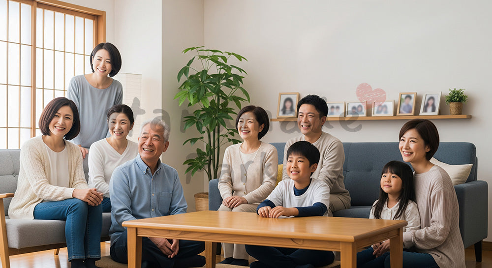 フリー素材 無料 写真|三世代家族がリビングで集まり笑顔で過ごす日本人シニアと家族の団らん 背景素材