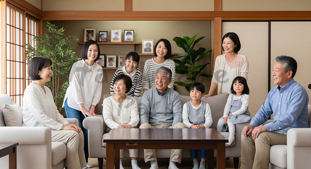 フリー素材 無料 写真|三世代家族がリビングで集まり笑顔で過ごす日本人シニアと家族の団らん