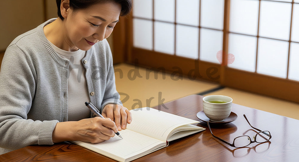 フリー素材 無料 写真|和室でエンディングノート風の無地ノートに将来の希望を書く日本人シニア女性(表現2)