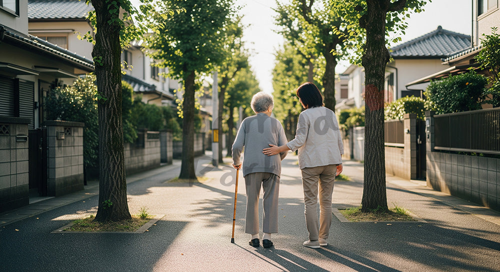 フリー素材 無料 写真|住宅街の歩道を杖をつきながら娘世代と歩く日本人シニア女性の後ろ姿 写真背景